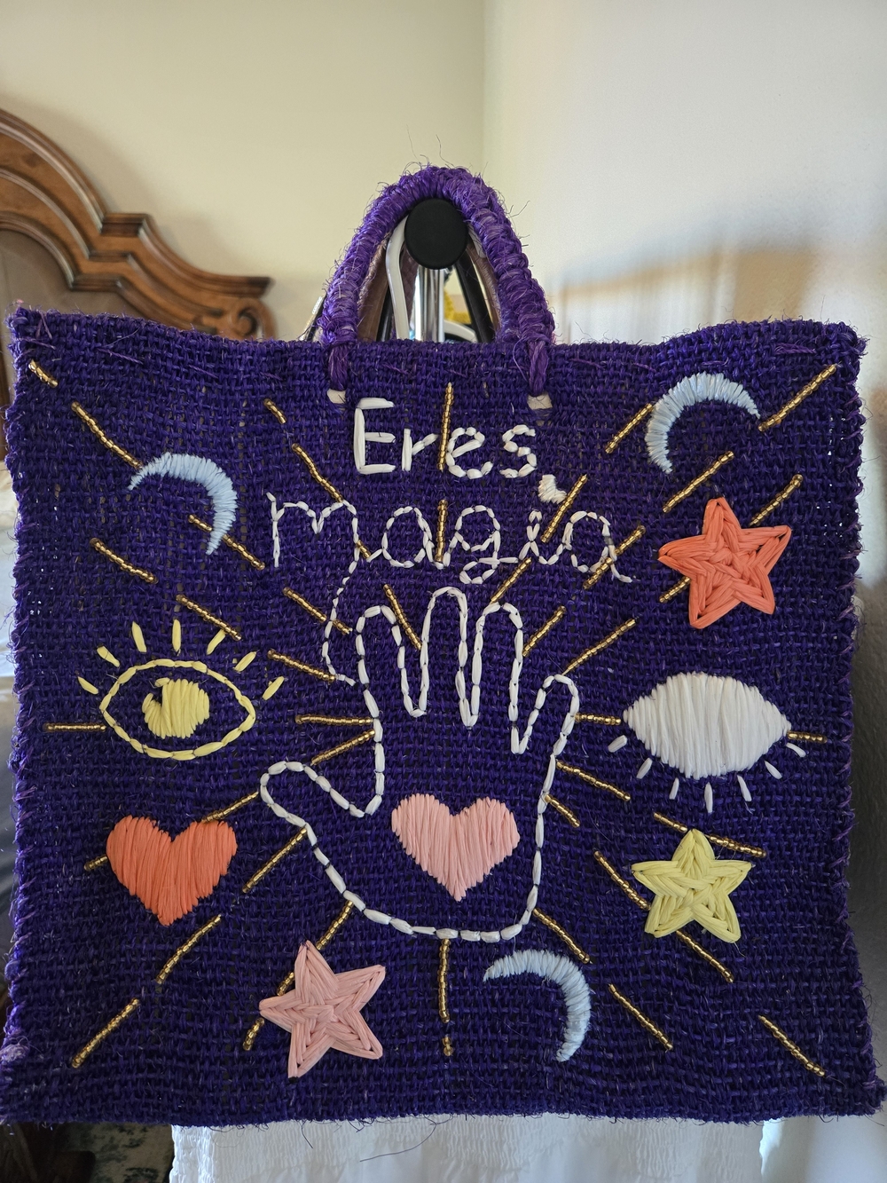 Purple Embroidered Beaded Ixtle Magic Tote Bag - Hand Embellished